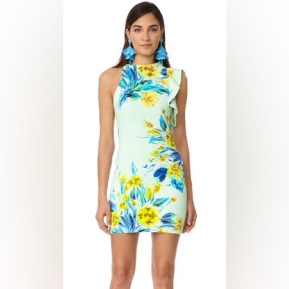 Black Halo / Pabla Sheath Dress Ruffled Floral Print tropical mini 2 - Picture 7 of 8